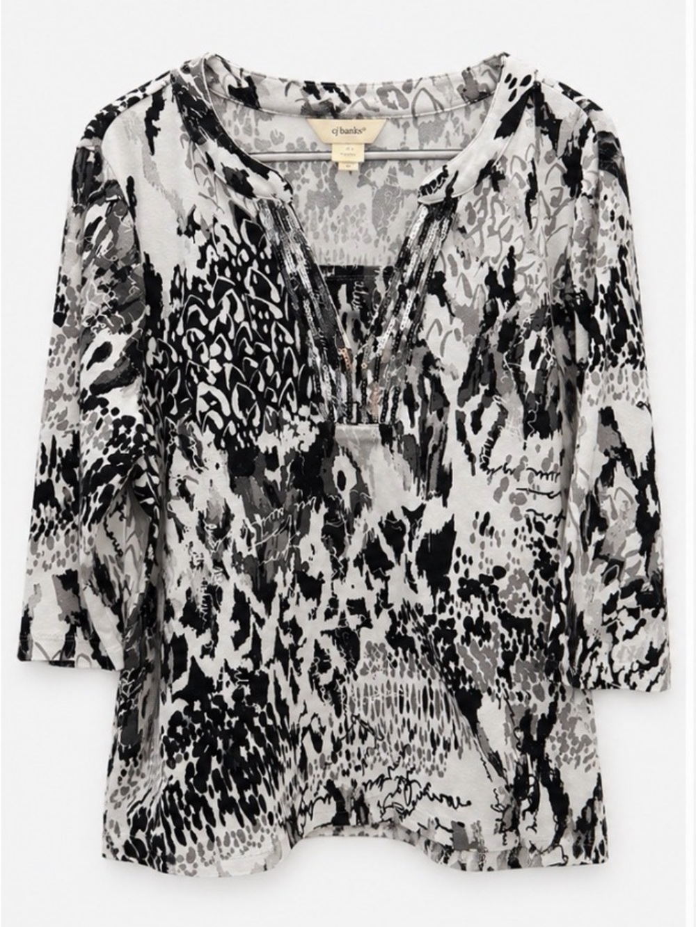 CJ Banks Black and White Abstract Print Split-Neck Tunic